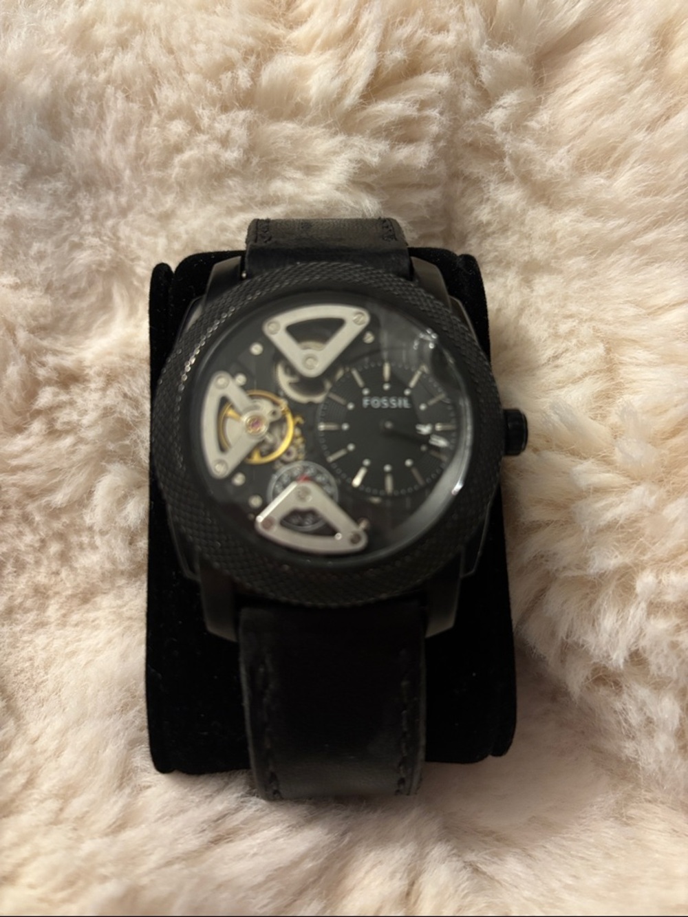 Fossil Men's Black Dial Automatic-Style Leather Strap Watch